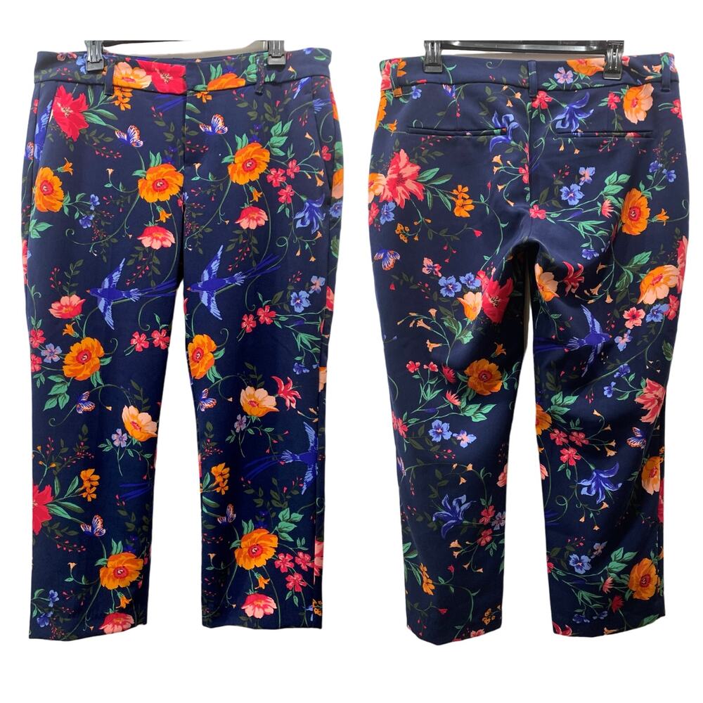 Old Navy Harper Mid Rise Ankle Pants Blue Floral Bird Print | 12 Regular